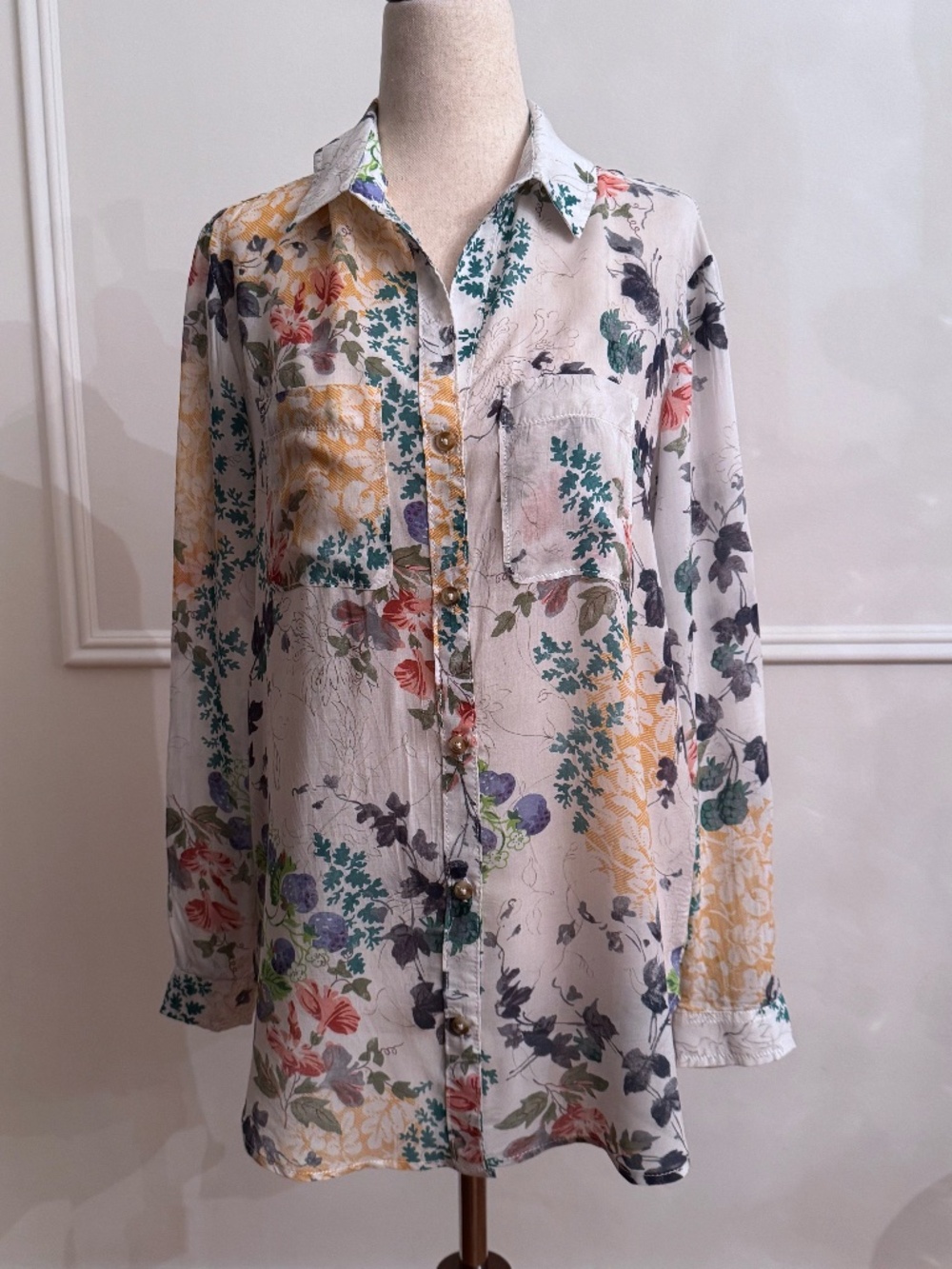 Pilcro Anthropologie Floral Print Modal Button Up Tunic Relaxed Fit XXS